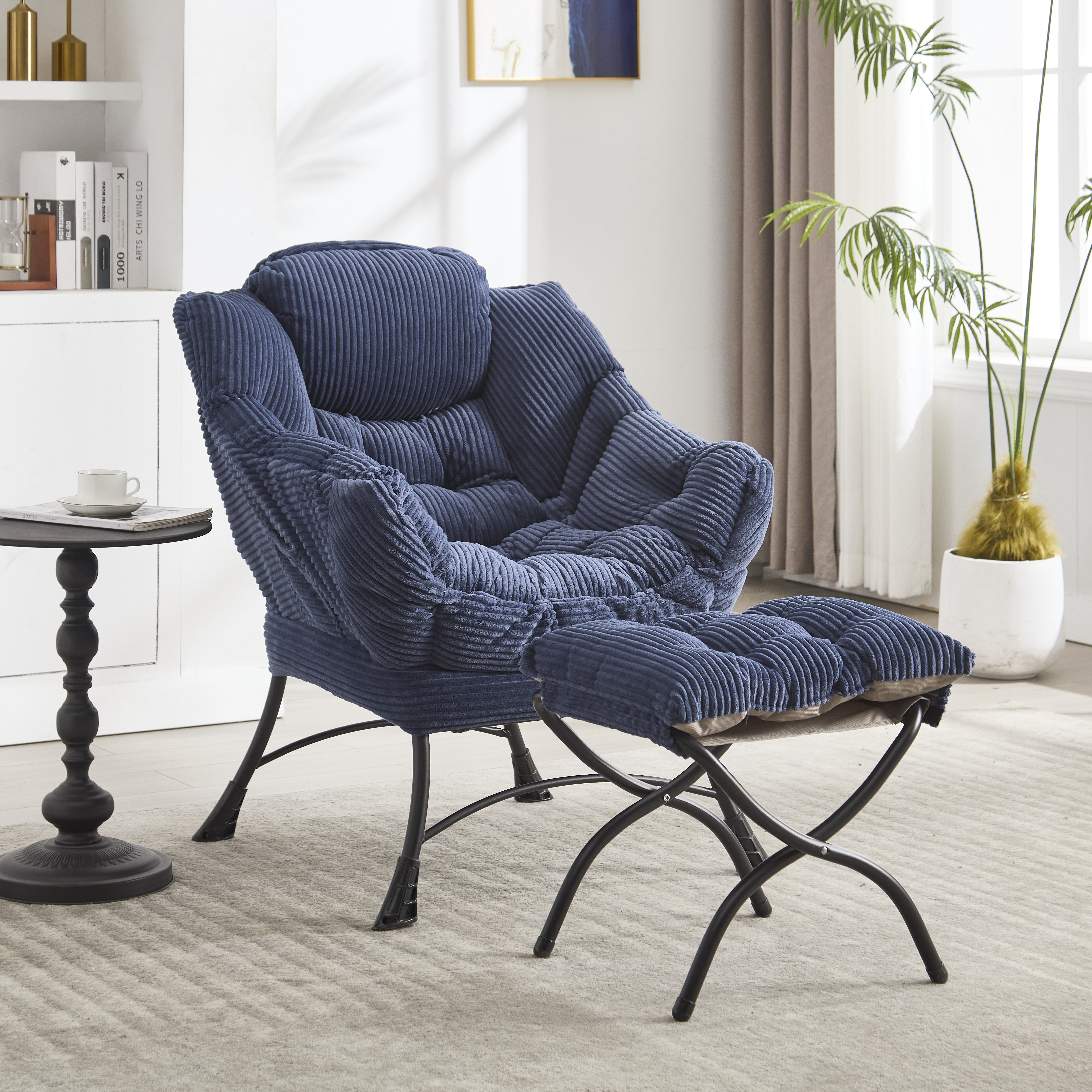 Lazy Chair with Ottoman, Modern Lounge Accent Chair with Armrests and a Side Pocket, Leisure Upholstered Sofa Chair Reading Chair with Footrest for Small Space, Corner Chair-Navy blue